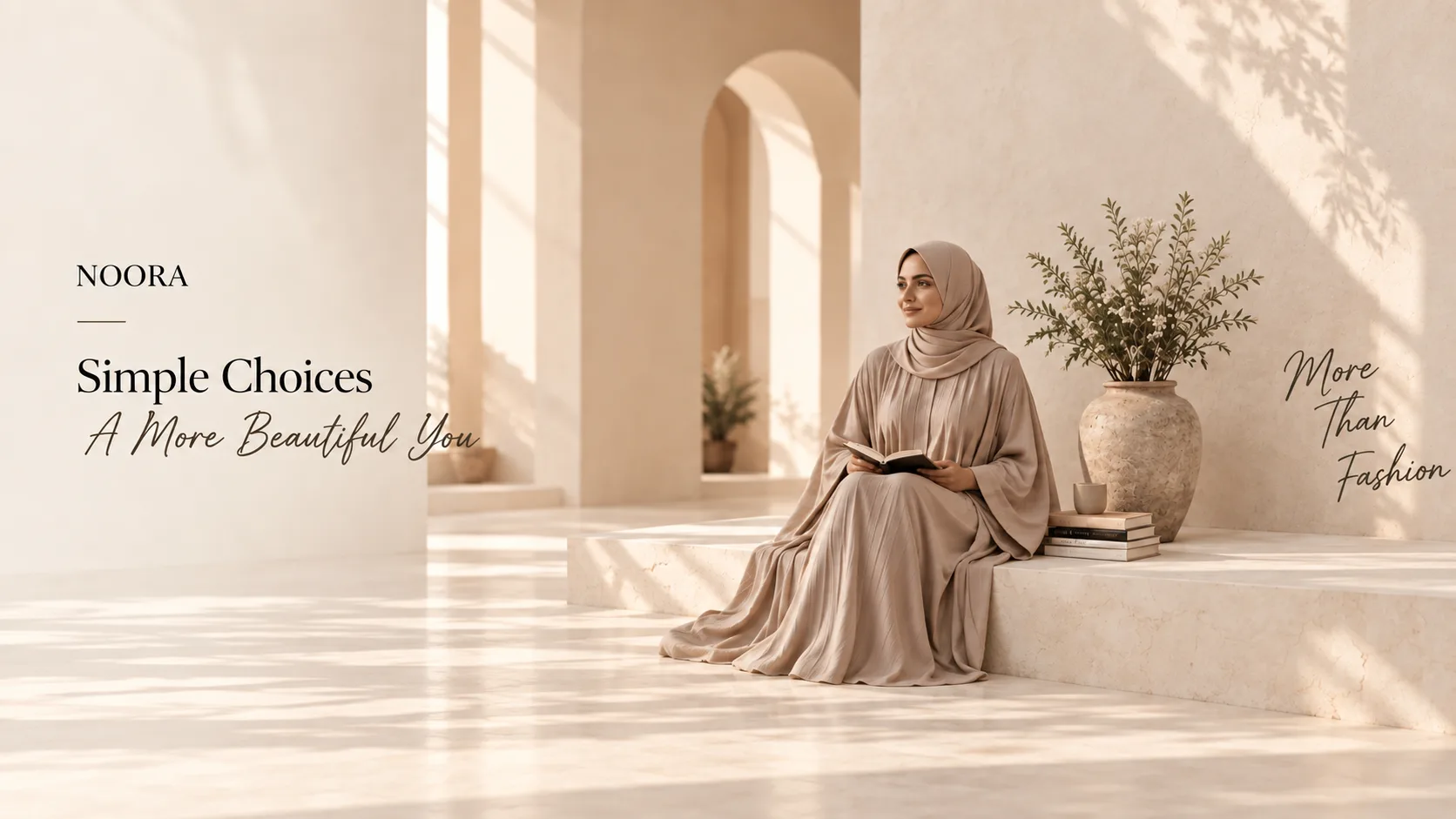 Modest fashion model in an olive abaya standing in a warm elegant interior.
